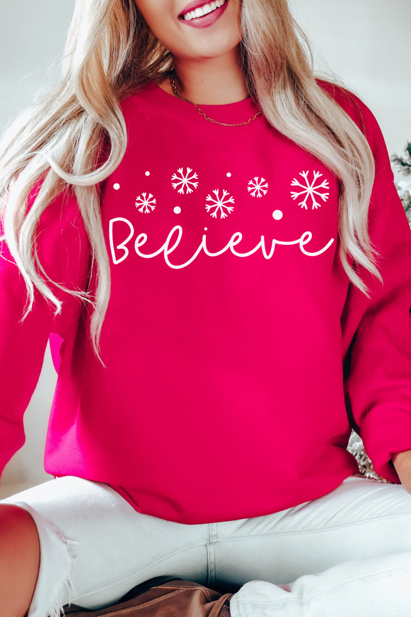 Snowflake Believe Christmas Crewneck Pullover Sweatshirt