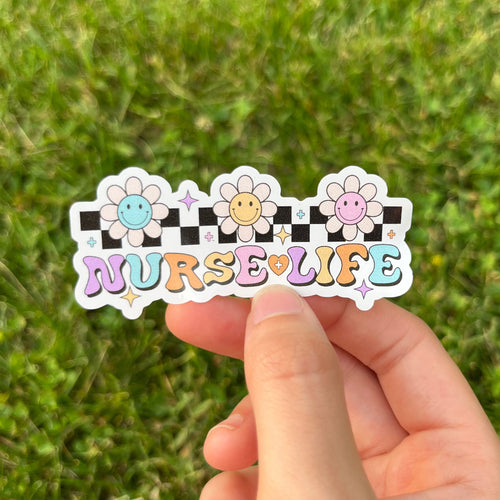 Nurselife Retro Smiley Face Flower Sticker, Nurse Gift, Cute Nurse Sticker, Vinyl Decal, Waterbottle Sticker, Phone Sticker