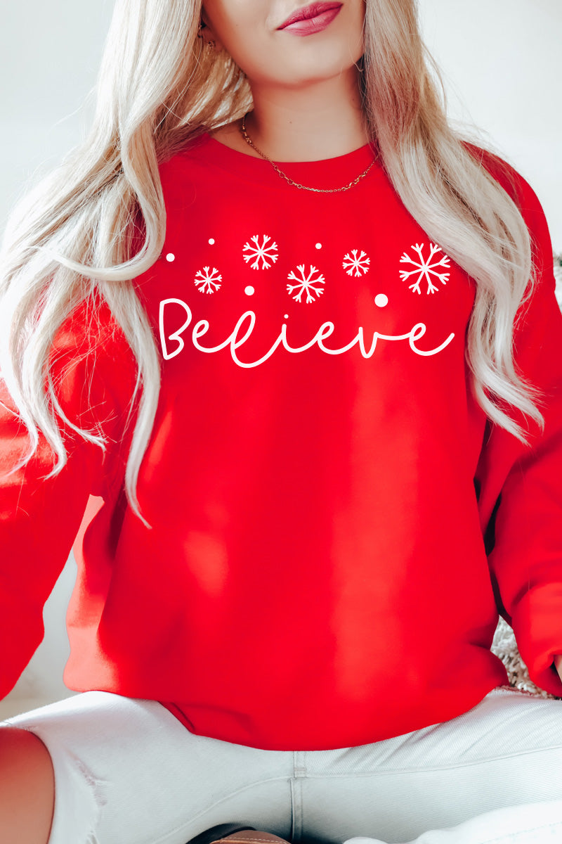 Believe Script Christmas Crewneck Pullover Sweatshirt
