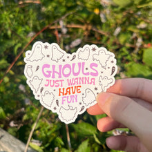 Load image into Gallery viewer, Heart Shaped Halloween Gouhls Just Want To Have Fun Sticker | Halloween Water Bottle Sticker | Spooky Season Retro Sticker| Laptop Sticker