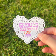 Load image into Gallery viewer, Heart Shaped Halloween Gouhls Just Want To Have Fun Sticker | Halloween Water Bottle Sticker | Spooky Season Retro Sticker| Laptop Sticker