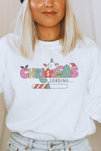 Load image into Gallery viewer, a woman wearing a white christmas sweatshirt with the words christmas loading on it