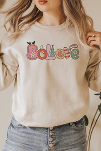 a woman wearing a sweatshirt with the word boulee printed on it